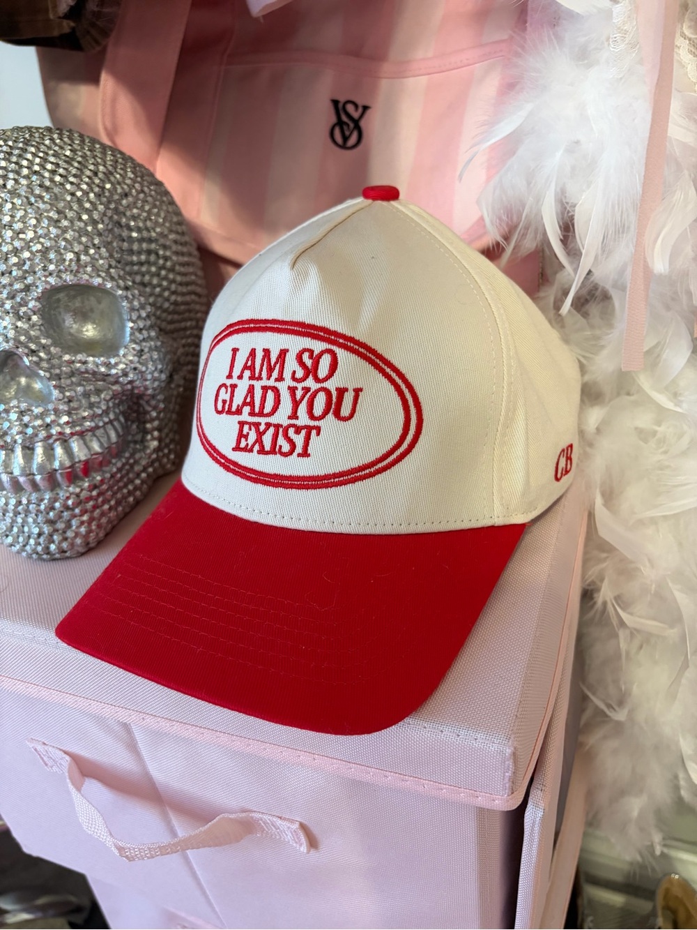 White & Red Embroidered Slogan Baseball Cap